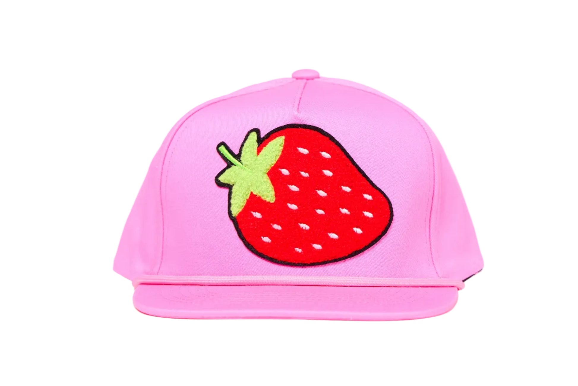 Pink flat-bill hat with a strawberry chenille patch