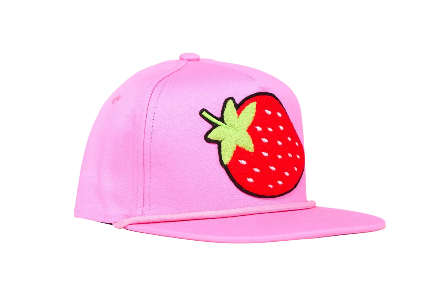 Pink flat-bill hat with a strawberry chenille patch