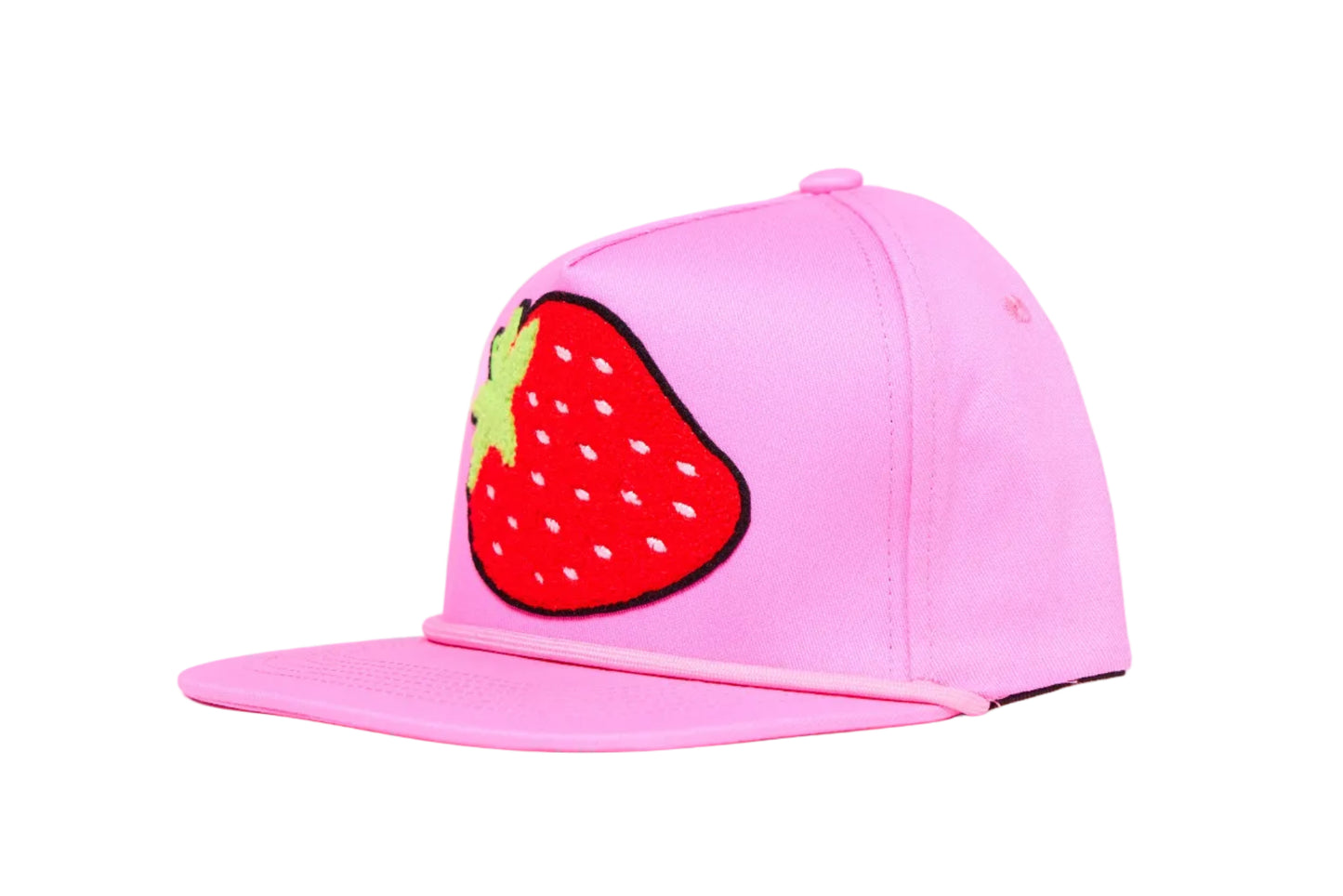 Pink flat-bill hat with a strawberry chenille patch