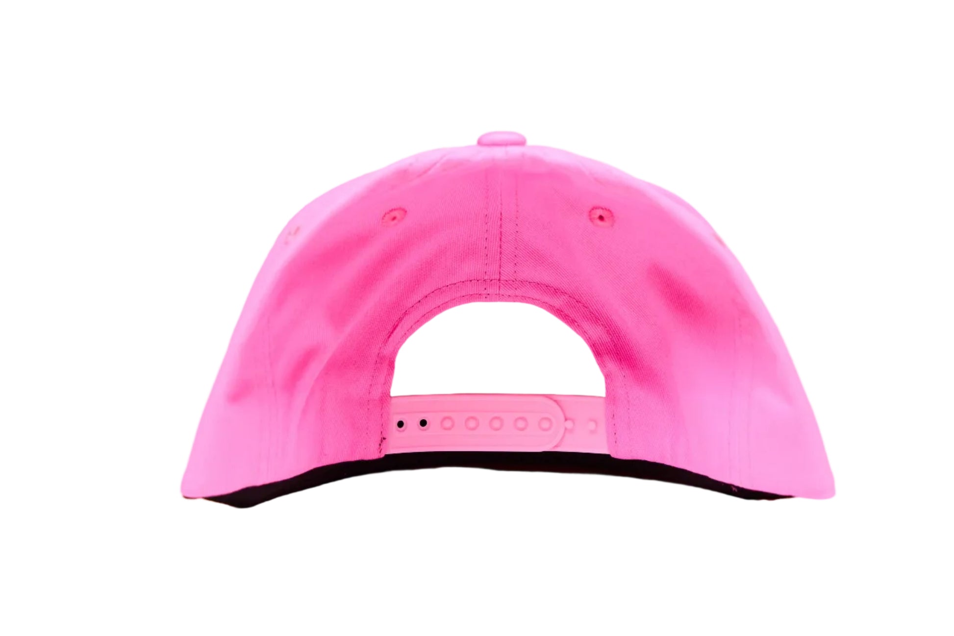 Pink flat-bill hat with a strawberry chenille patch