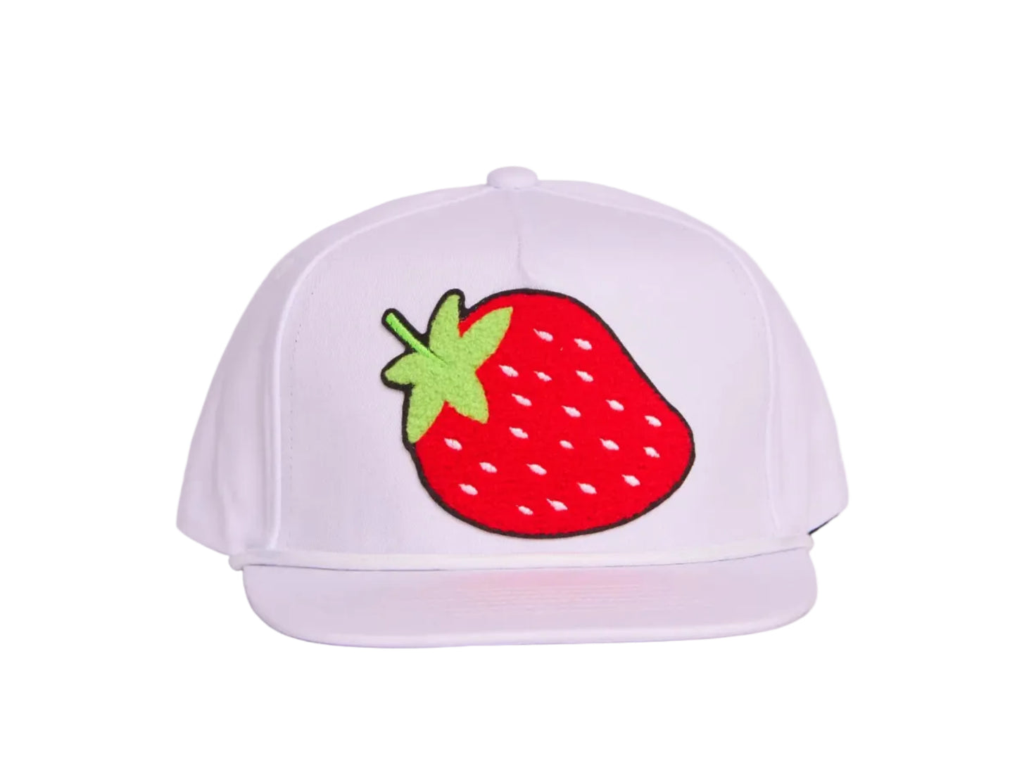 White flat-bill hat with a strawberry chenille patch
