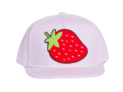 White flat-bill hat with a strawberry chenille patch