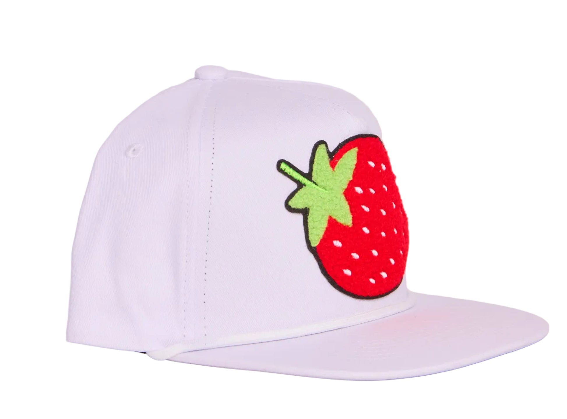 White flat-bill hat with a strawberry chenille patch