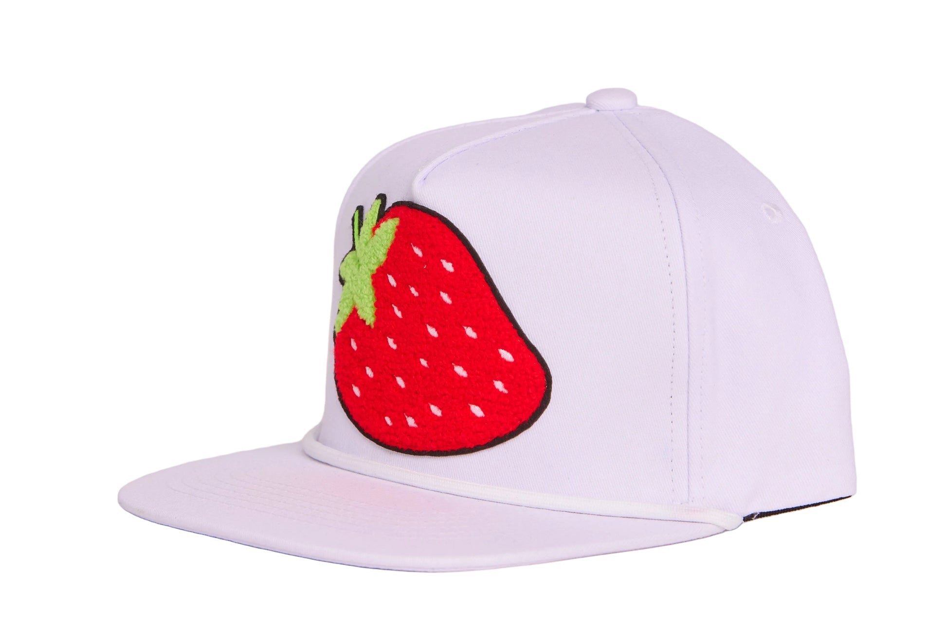 White flat-bill hat with a strawberry chenille patch