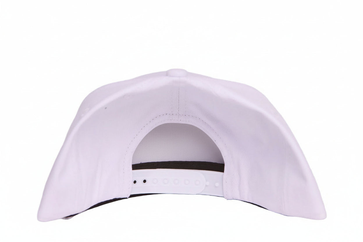 White flat-bill hat with a strawberry chenille patch