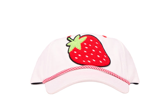 White youth-sized dad hat with a strawberry chenille patch