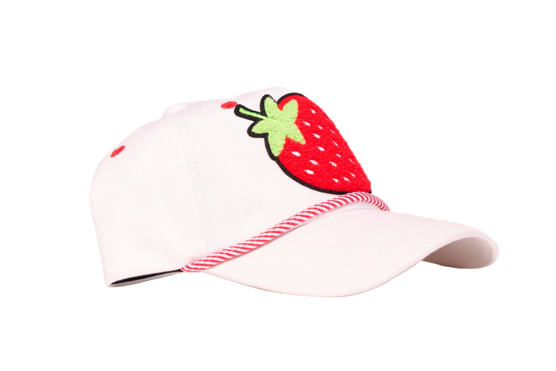White youth-sized dad hat with a strawberry chenille patch