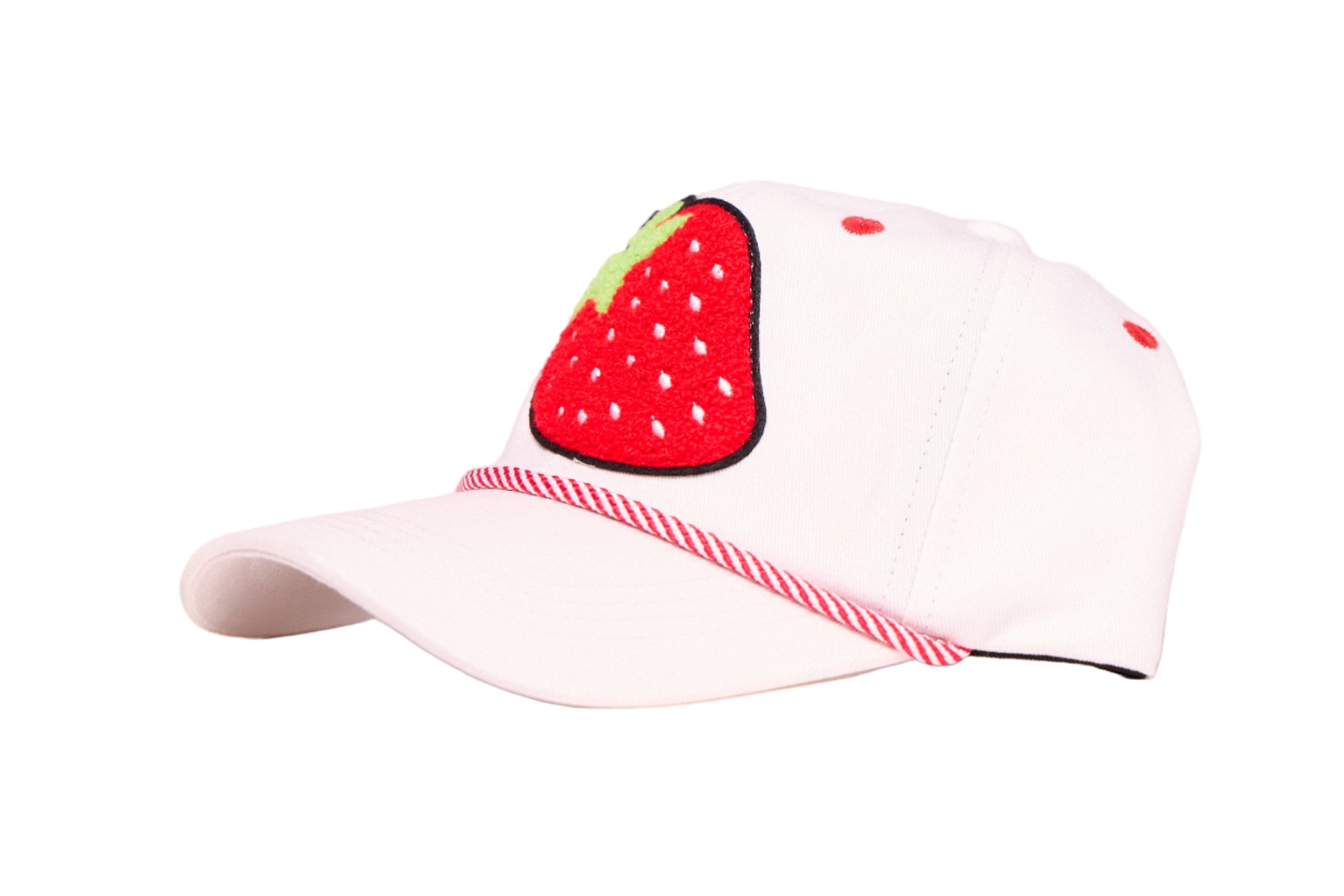White youth-sized dad hat with a strawberry chenille patch