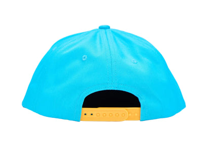 The back view of a bright turquoise blue baseball cap with a yellow plastic snapback closure, shown on a clean white background.