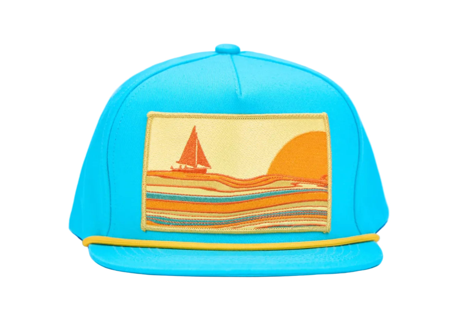 A bright turquoise blue snapback cap featuring a rectangular embroidered patch on the front with a sailboat and sunset scene in orange, yellow, and blue, set against a plain white background.