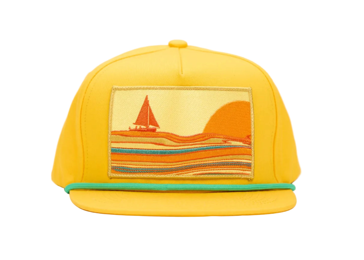 A bright yellow flat-brim cap featuring a rectangular embroidered patch on the front with a sailboat and sunset scene in orange, yellow, and teal stripes, set against a plain white background.