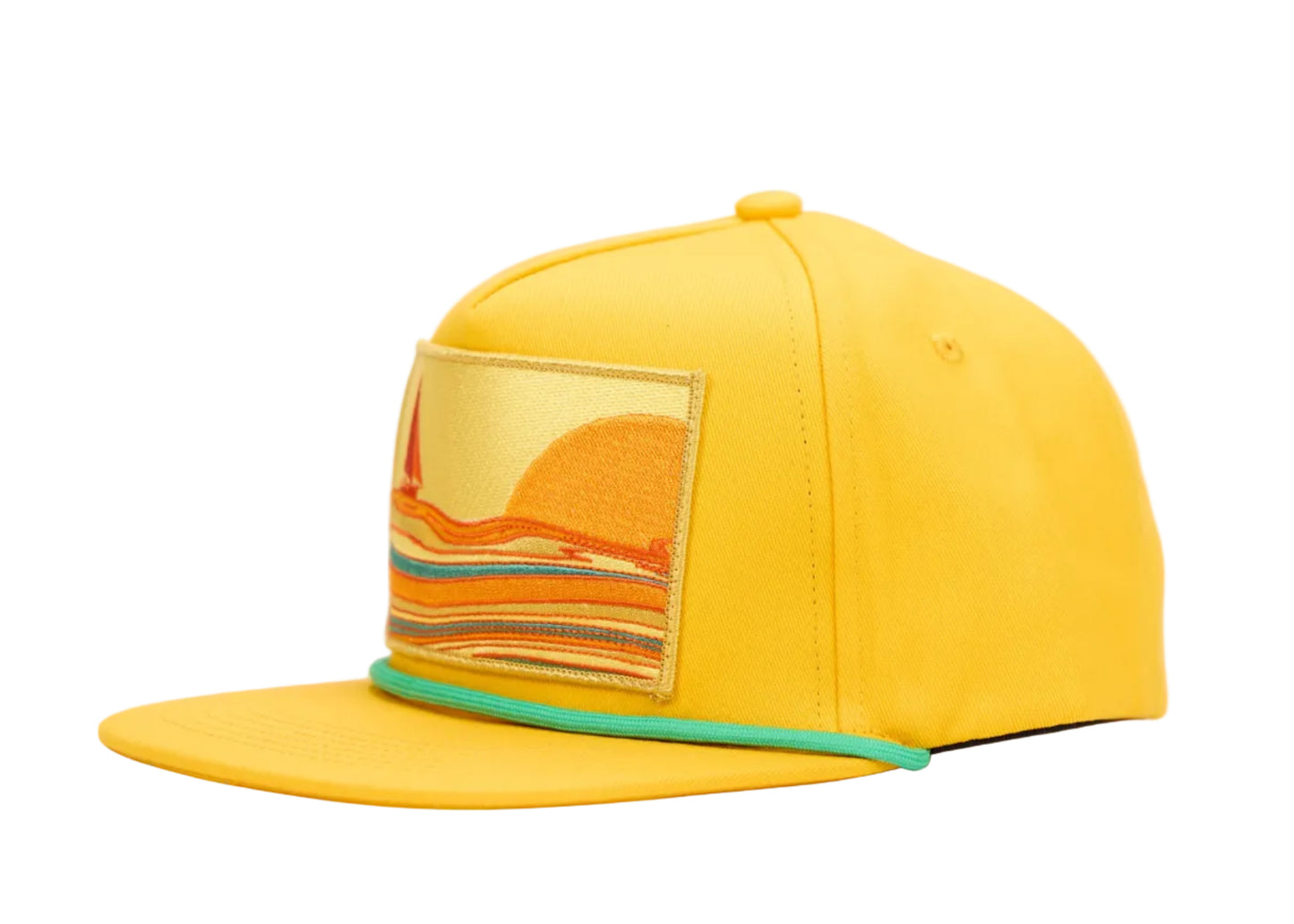 A bright yellow flat-brim cap with a colorful embroidered patch on the front panel and a thin mint green trim along the edge of the brim, shown against a plain white background.