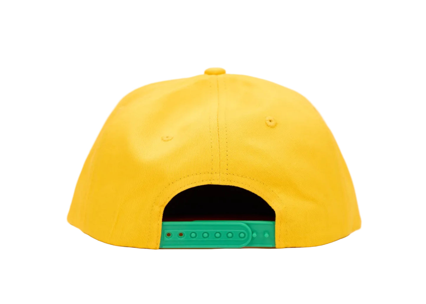 A bright yellow baseball cap shown from the back, featuring a contrasting green plastic snapback closure strap.