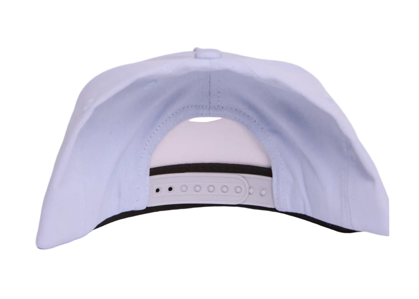 The back view of a light grey snapback cap on a solid white background.