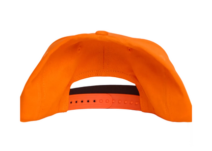 Bright orange baseball cap viewed from the back, showing the curved brim and an adjustable orange strap with a black inner band, isolated on a white background.