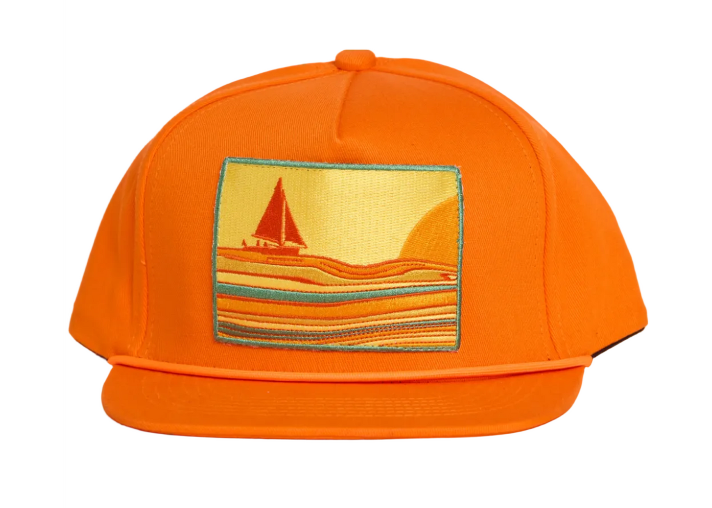 Bright orange flat-brim cap with a rectangular embroidered patch on the front depicting a sailboat on a yellow beach with blue and orange striped waves.