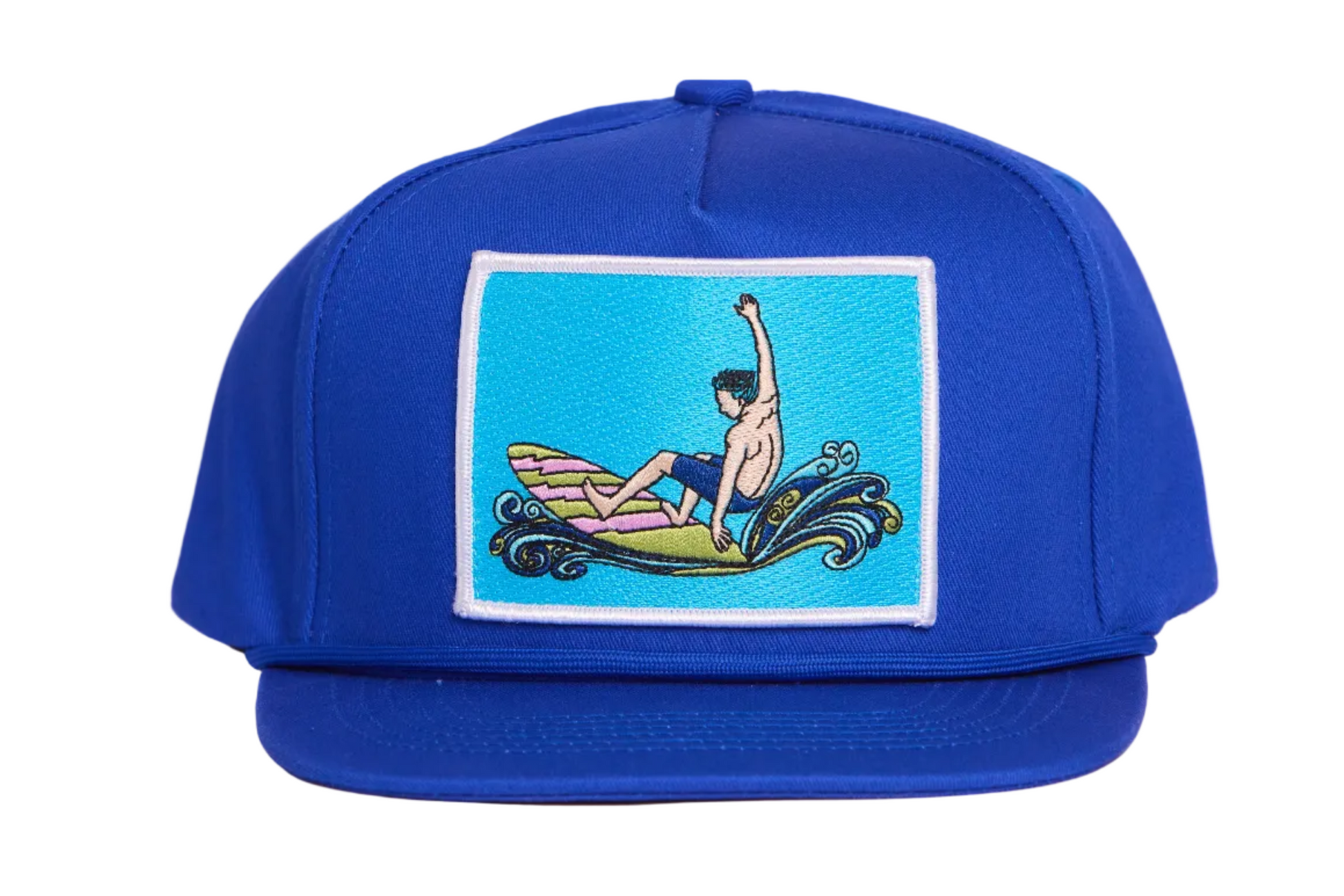 Blue hat with a surfing man patch design