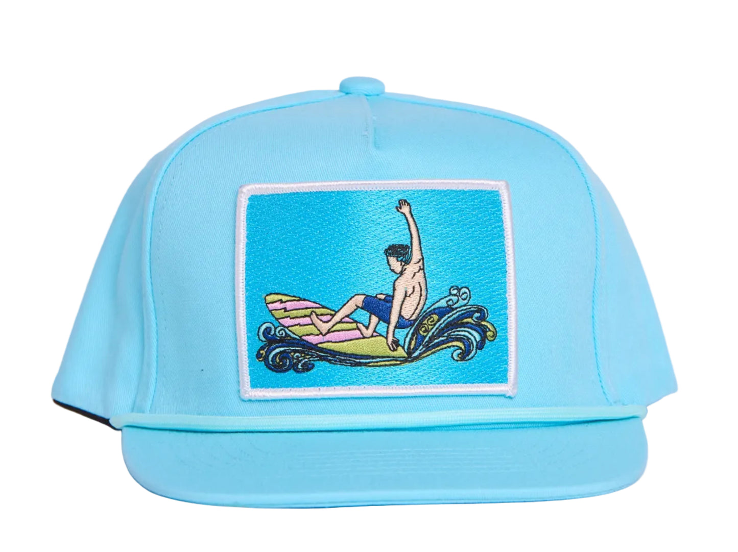 Turquoise hat with a surfing man patch design