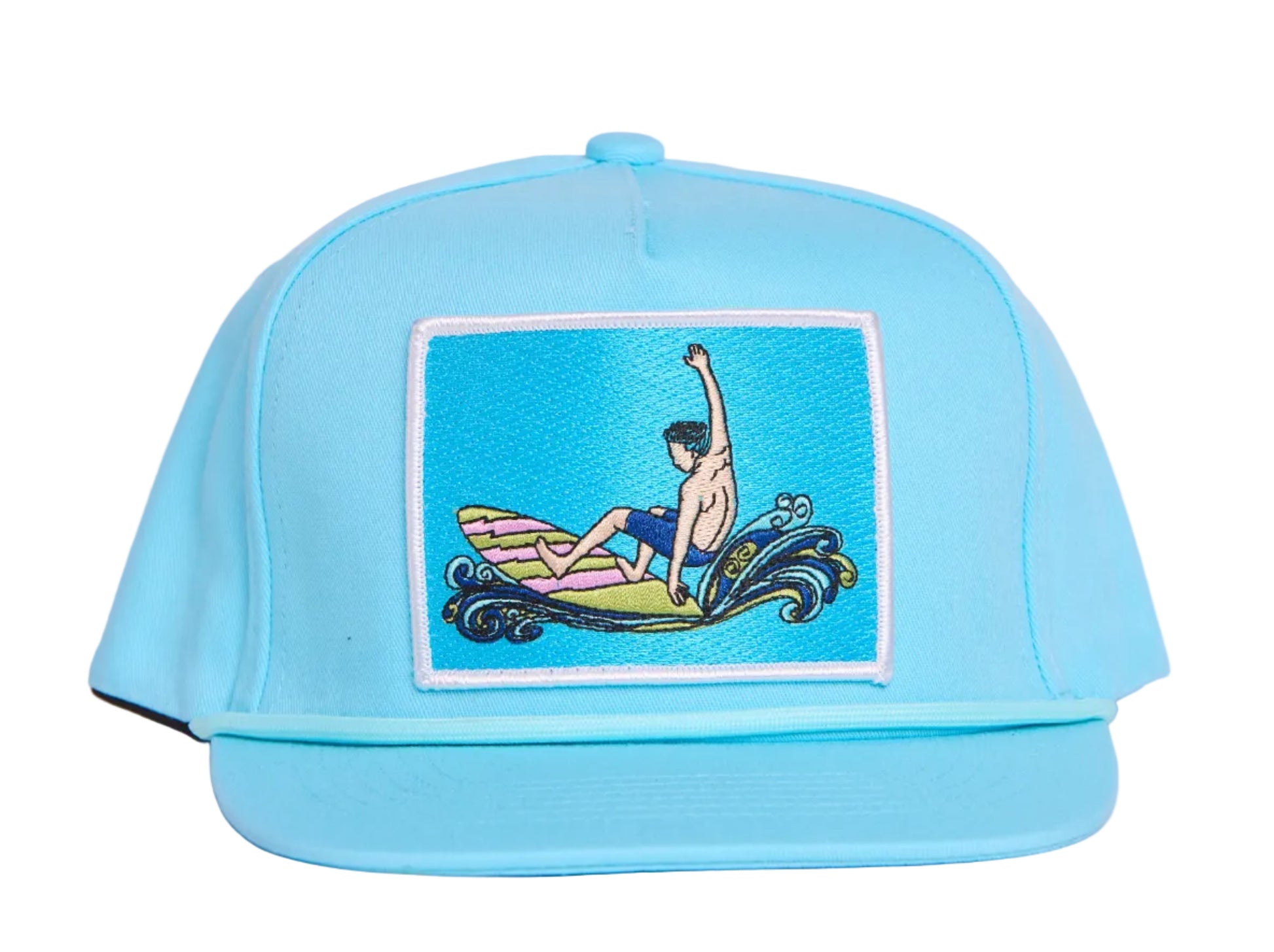 Turquoise hat with a surfing man patch design