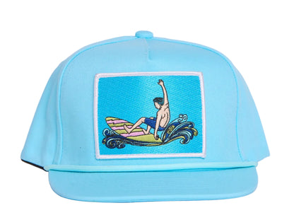 Turquoise hat with a surfing man patch design