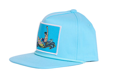 Turquoise hat with a surfing man patch design