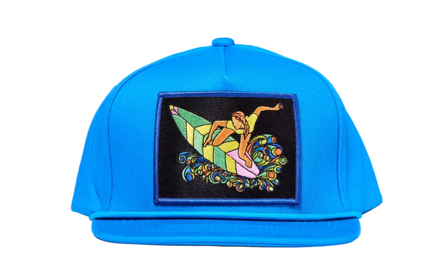 Blue hat with a patch featuring a colorful design of a woman surfing