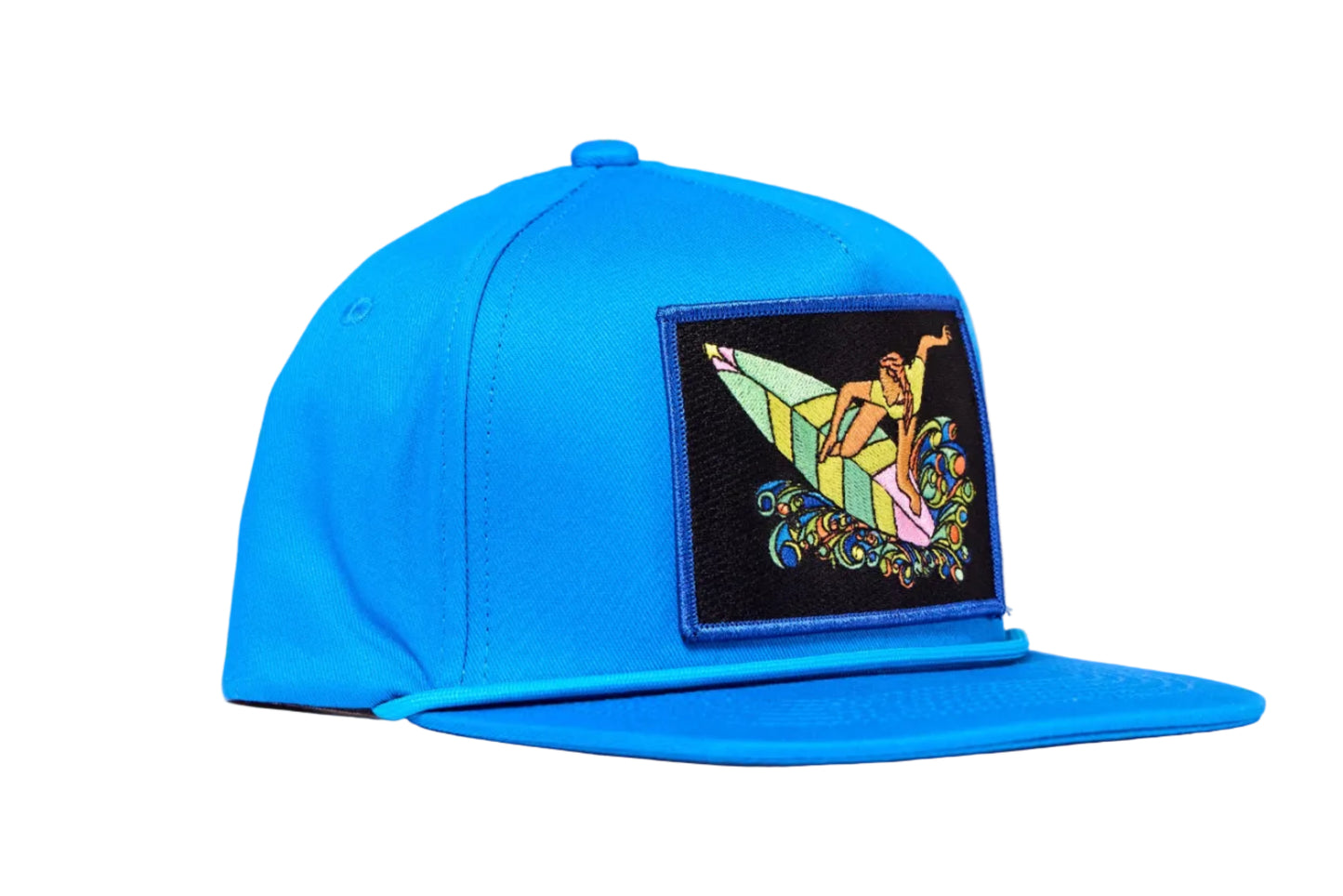Blue hat with a patch featuring a colorful design of a woman surfing