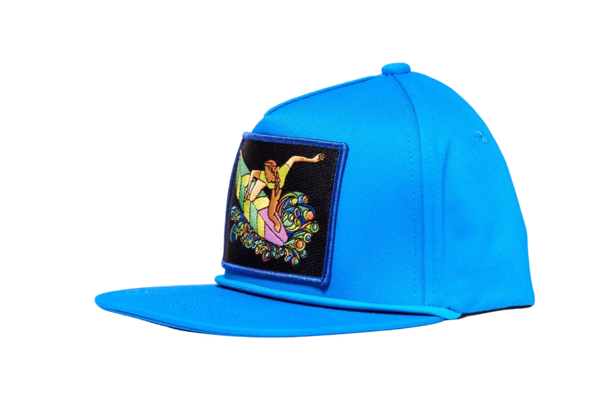 Blue hat with a patch featuring a colorful design of a woman surfing