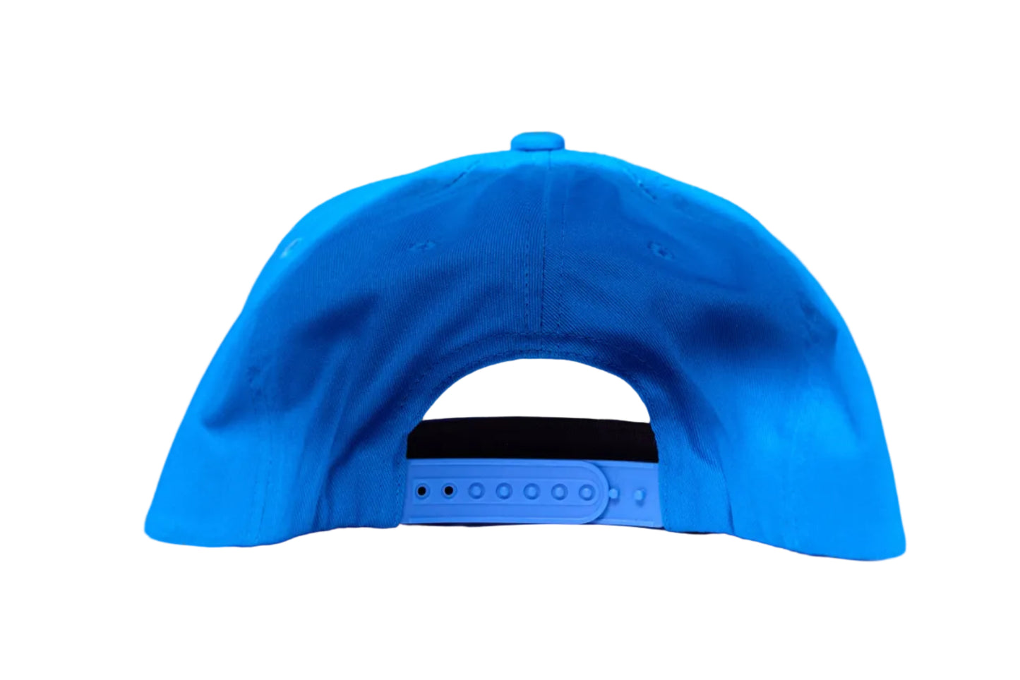 Blue hat with a patch featuring a colorful design of a woman surfing