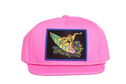 Pink hat with a patch featuring a colorful design of a woman surfing