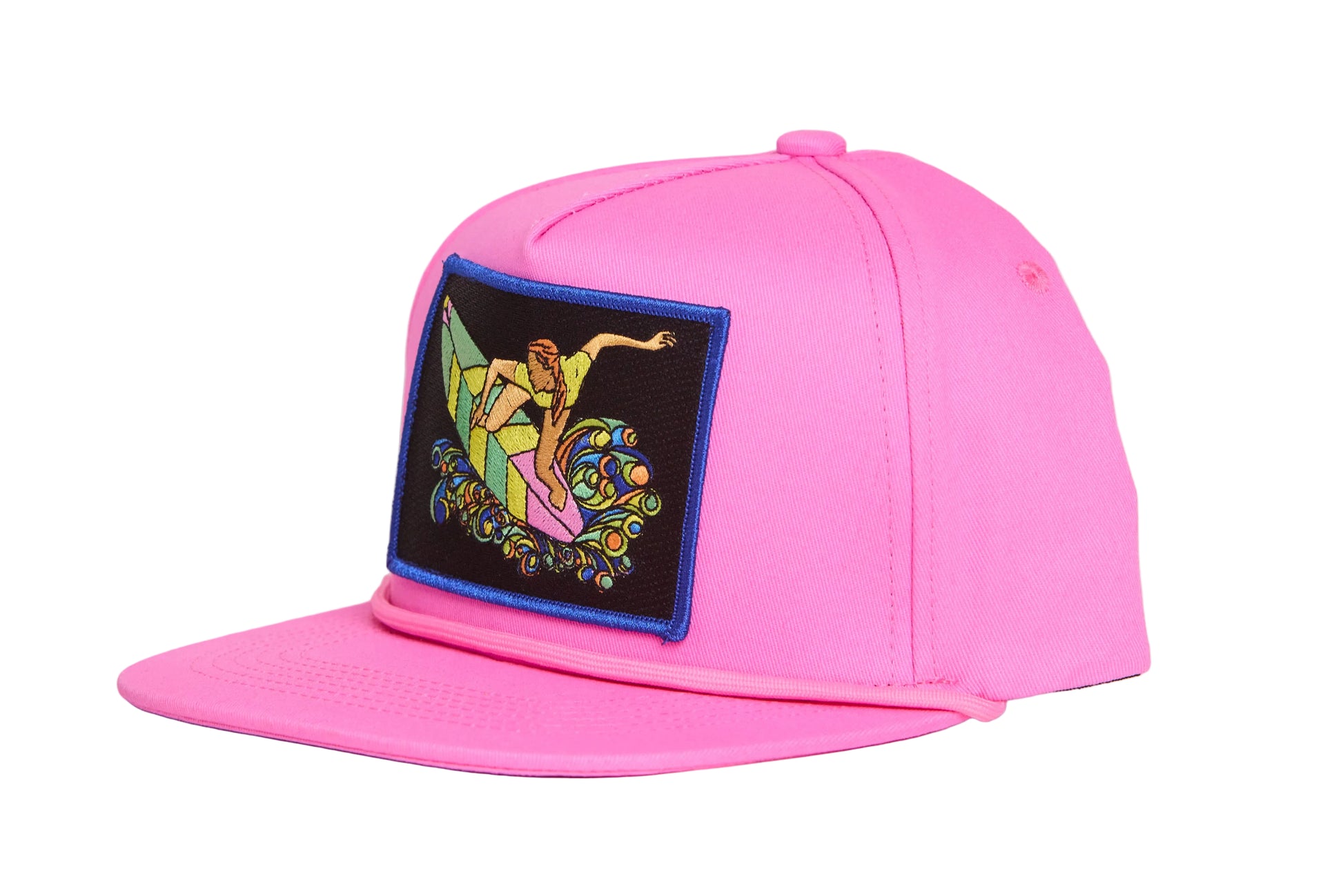 Pink hat with a patch featuring a colorful design of a woman surfing