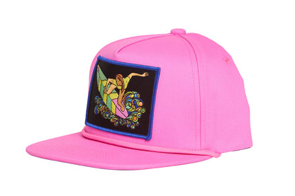 Pink hat with a patch featuring a colorful design of a woman surfing
