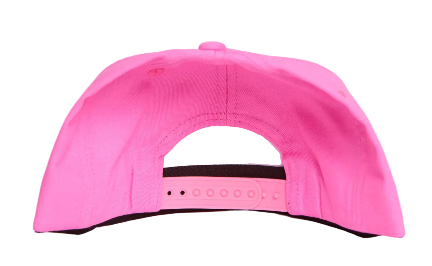 Pink hat with a patch featuring a colorful design of a woman surfing