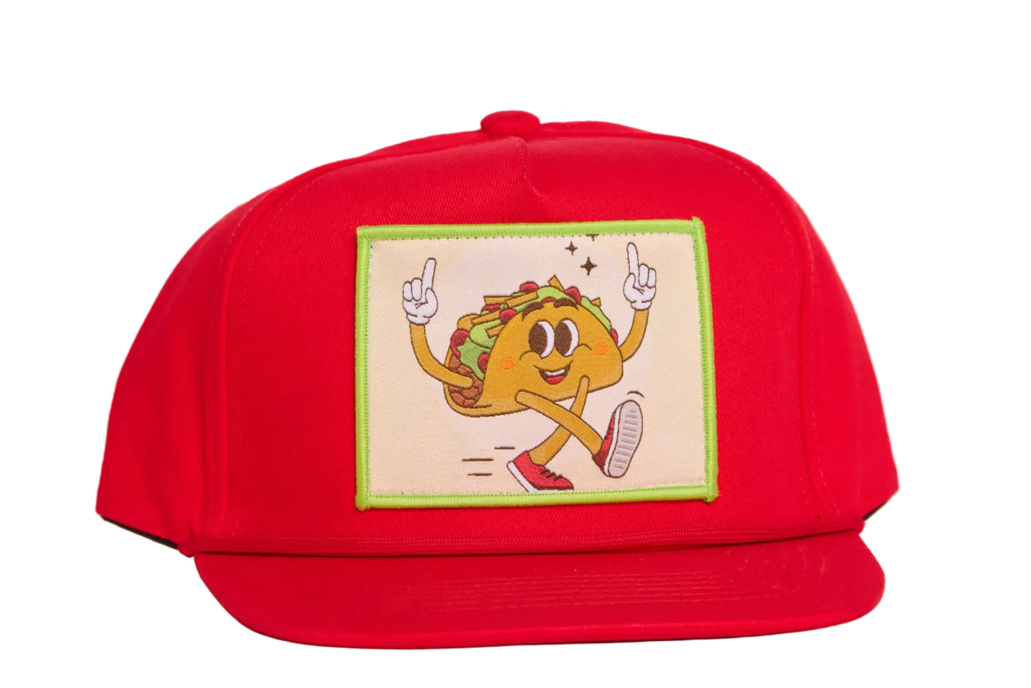 Red flat bill hat with a taco cartoon character giving a number one hand gesture
