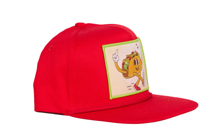 Red flat bill hat with a taco cartoon character giving a number one hand gesture