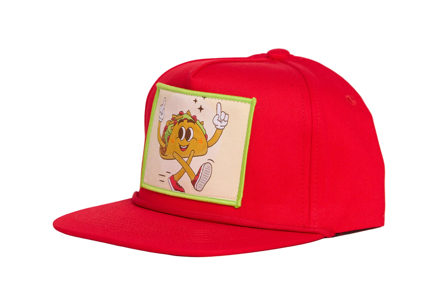Red flat bill hat with a taco cartoon character giving a number one hand gesture