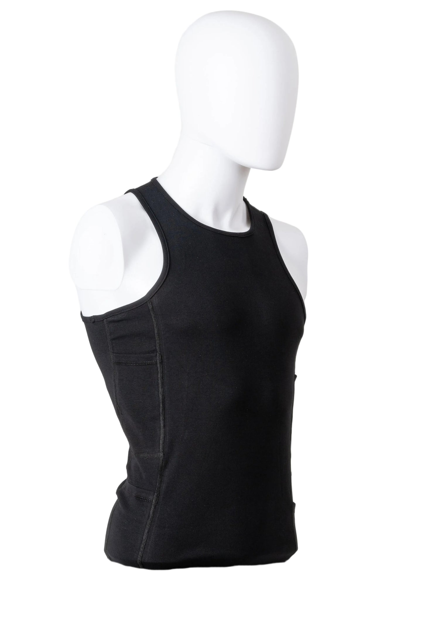 Black sleeveless top on a white mannequin against a white background