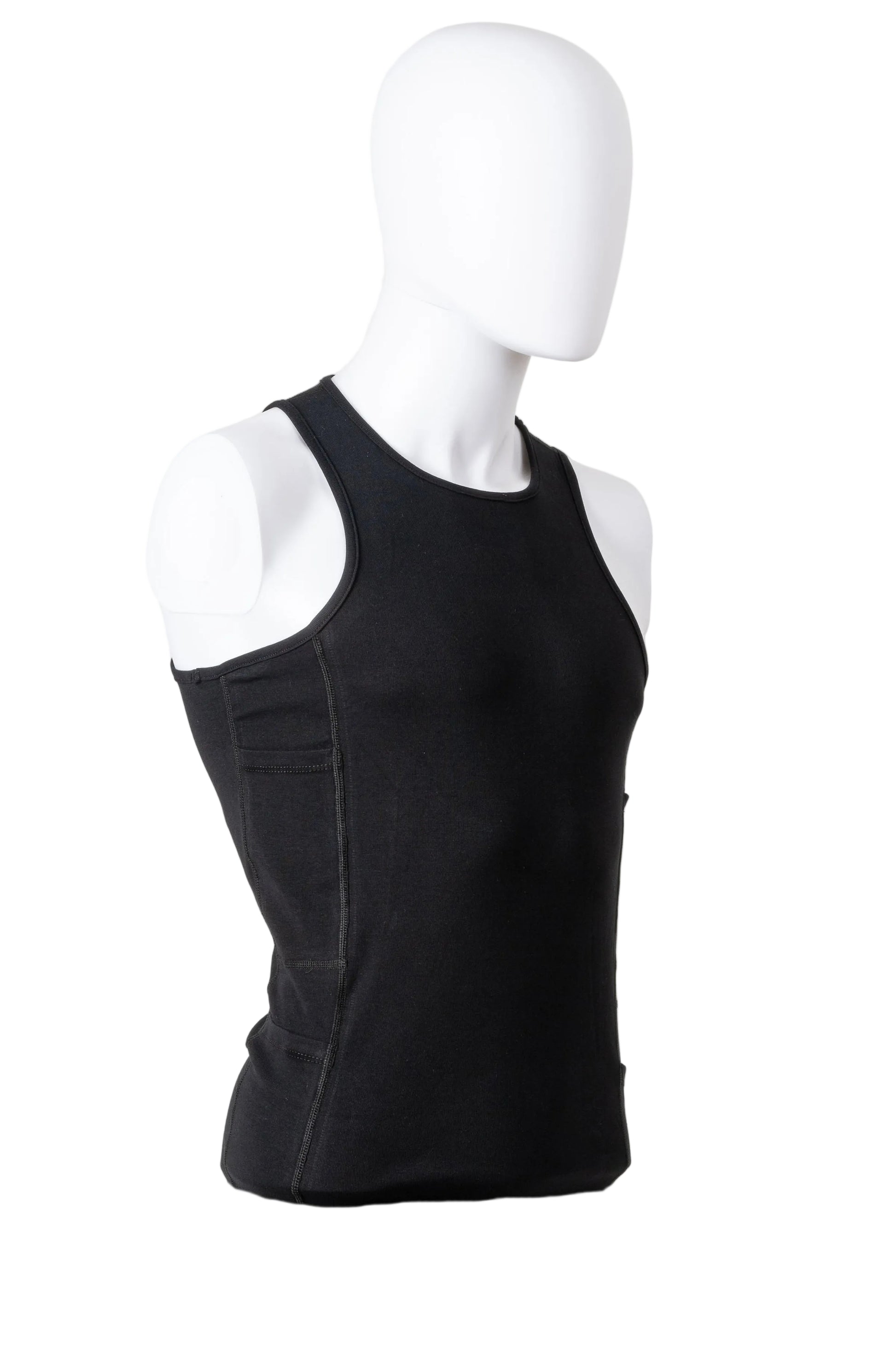 Black sleeveless top on a white mannequin against a white background