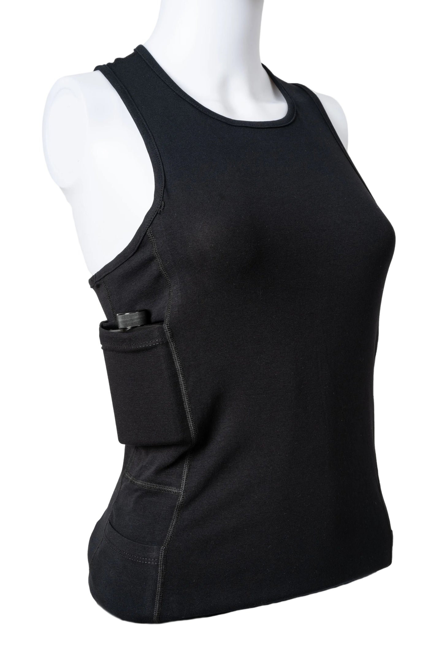 A white tank top on a mannequin, featuring a hidden pocket Flask storage compartment.