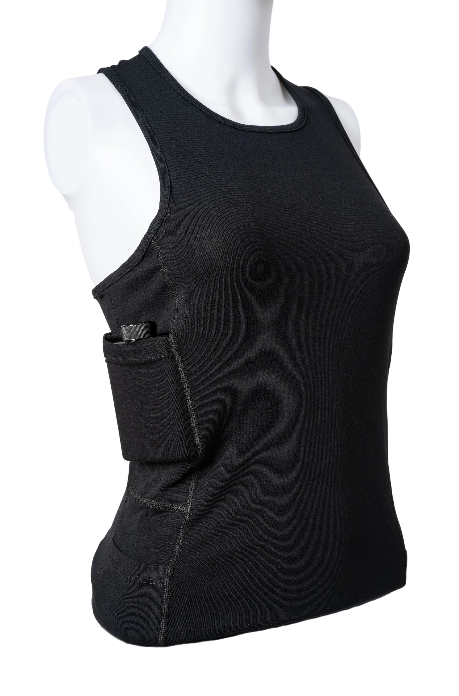 A white tank top on a mannequin, featuring a hidden pocket Flask storage compartment.