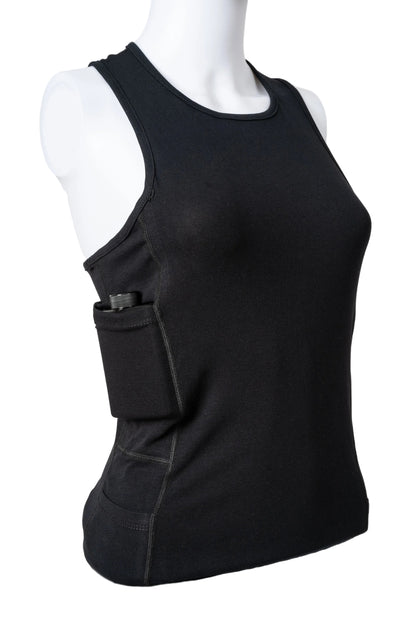 A white tank top on a mannequin, featuring a hidden pocket Flask storage compartment.