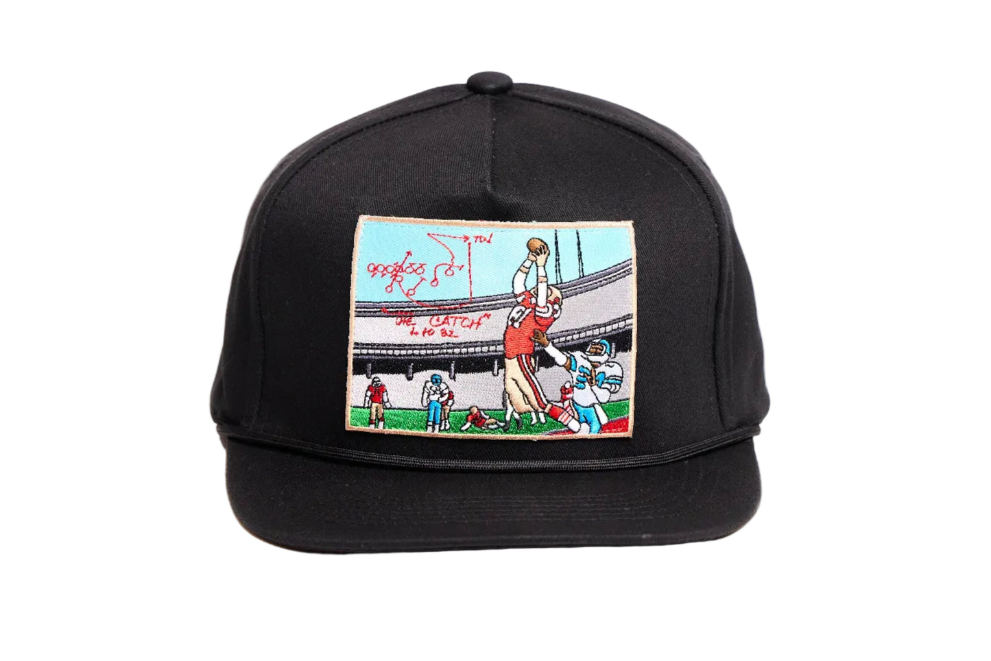 Black hat with embroidered patch design of The Catch