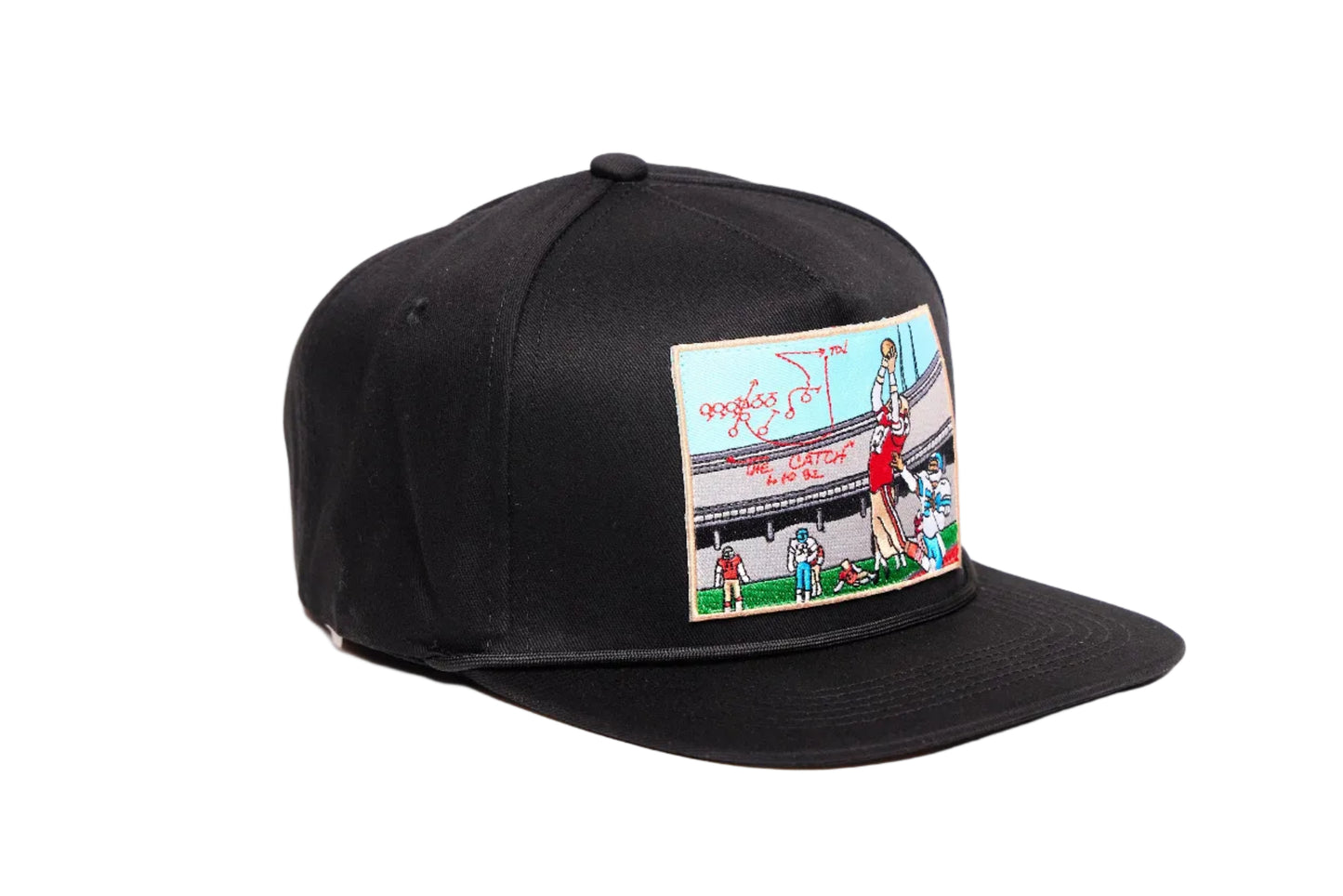 Black hat with embroidered patch design of The Catch