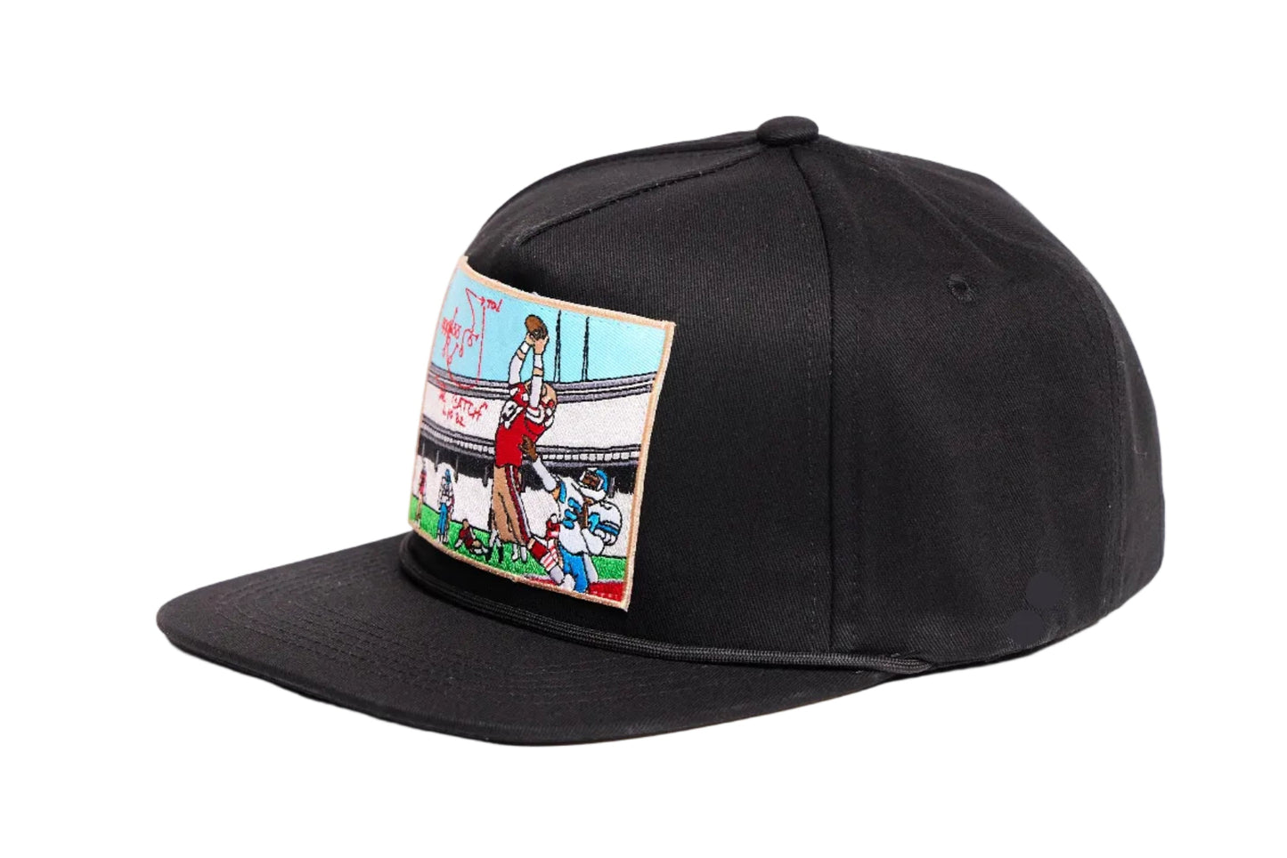 Black hat with embroidered patch design of The Catch