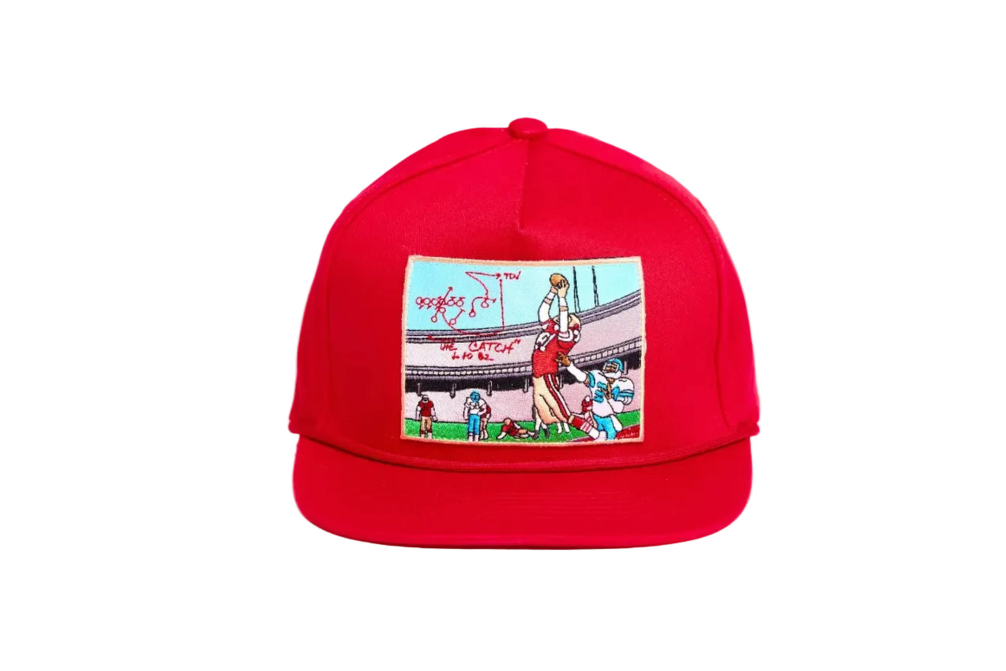 Red hat with embroidered patch design of The Catch