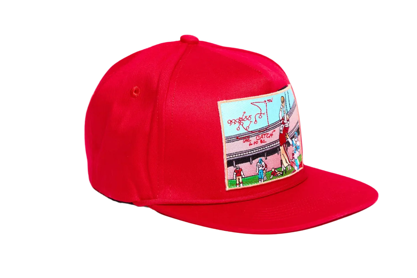 Red hat with embroidered patch design of The Catch