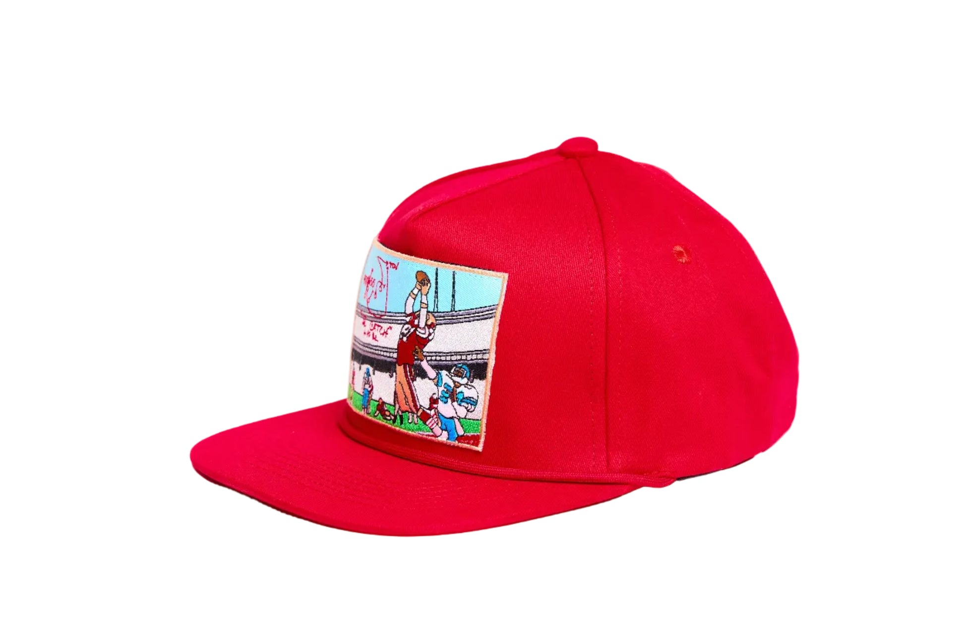 Red hat with embroidered patch design of The Catch