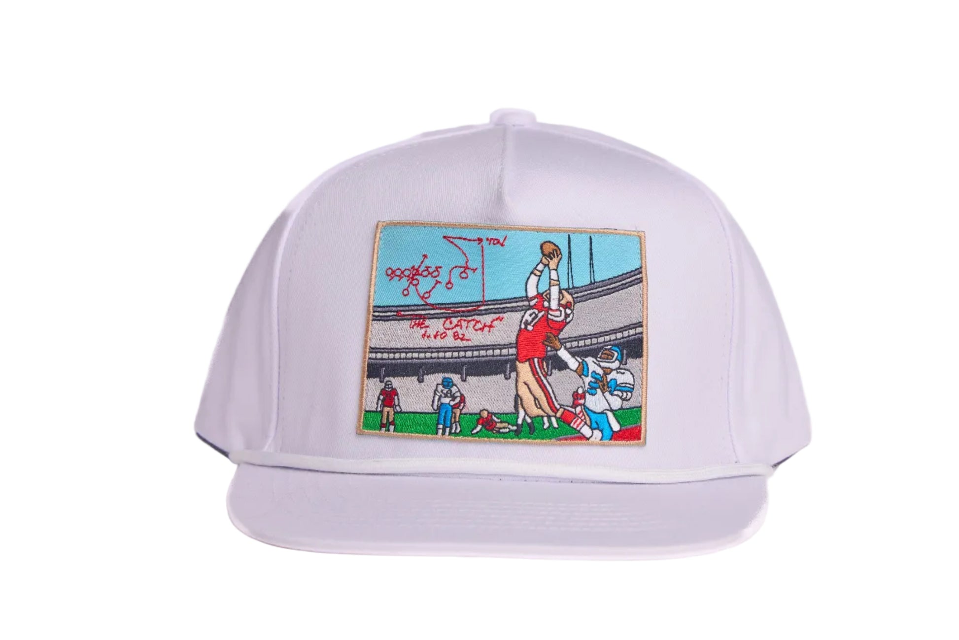 White hat with embroidered patch design of The Catch