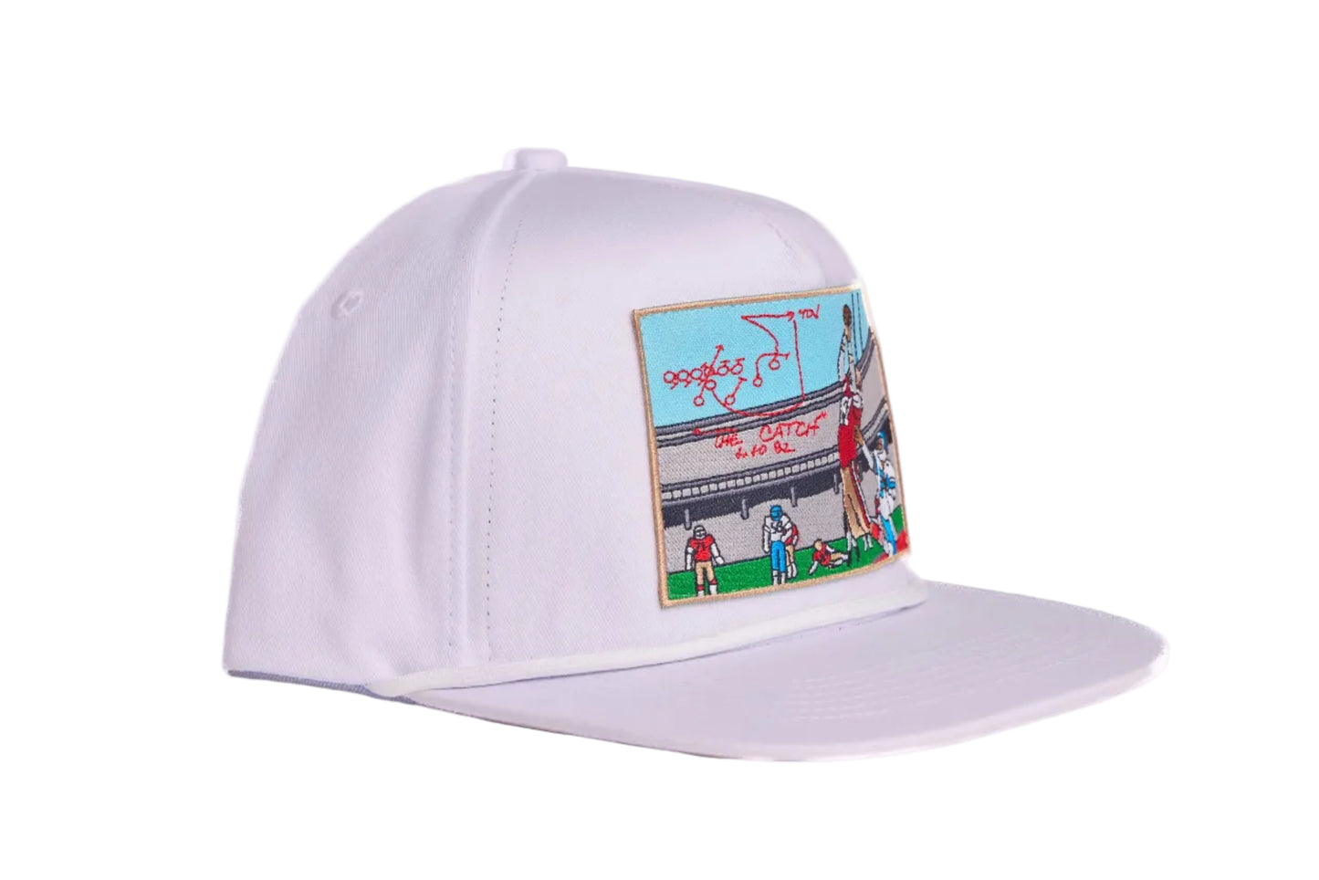 White hat with embroidered patch design of The Catch