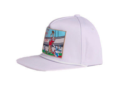 White hat with embroidered patch design of The Catch